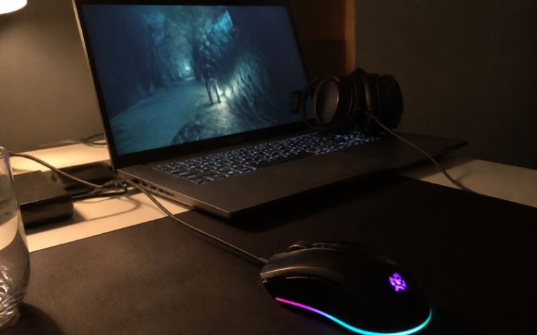 Gaming-Maus neben dem Laptop auf dem Schreibtisch