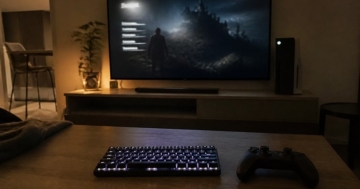 Tastatur und Controller vor dem Fernseher