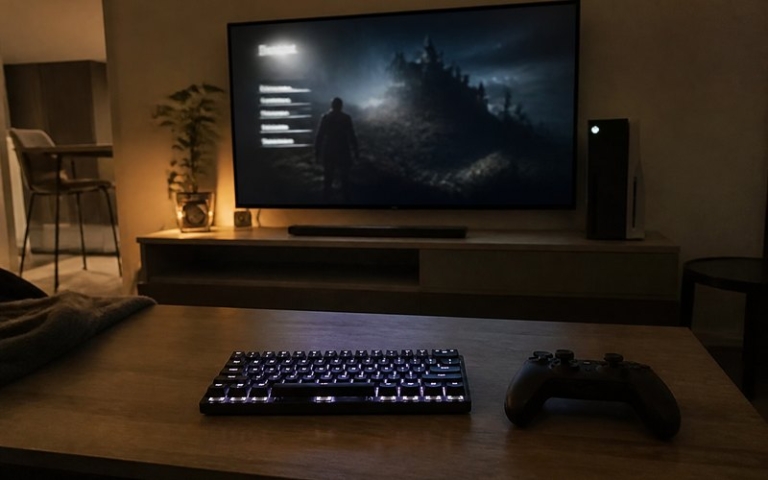 Tastatur und Controller vor dem Fernseher